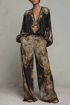 Women's Long Sleeve Printed Jumpsuit – Baroque Pattern Flowy Wide Leg Jumpsuit