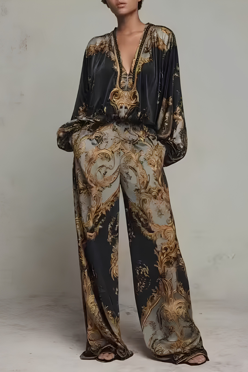 Women's Long Sleeve Printed Jumpsuit – Baroque Pattern Flowy Wide Leg Jumpsuit