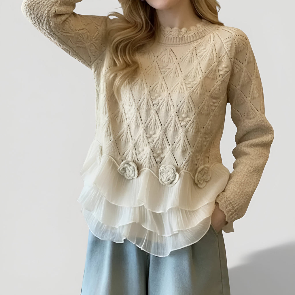 Women's Textured Ruffle Sweater – Ruffle Detail Long Sleeve Pullover