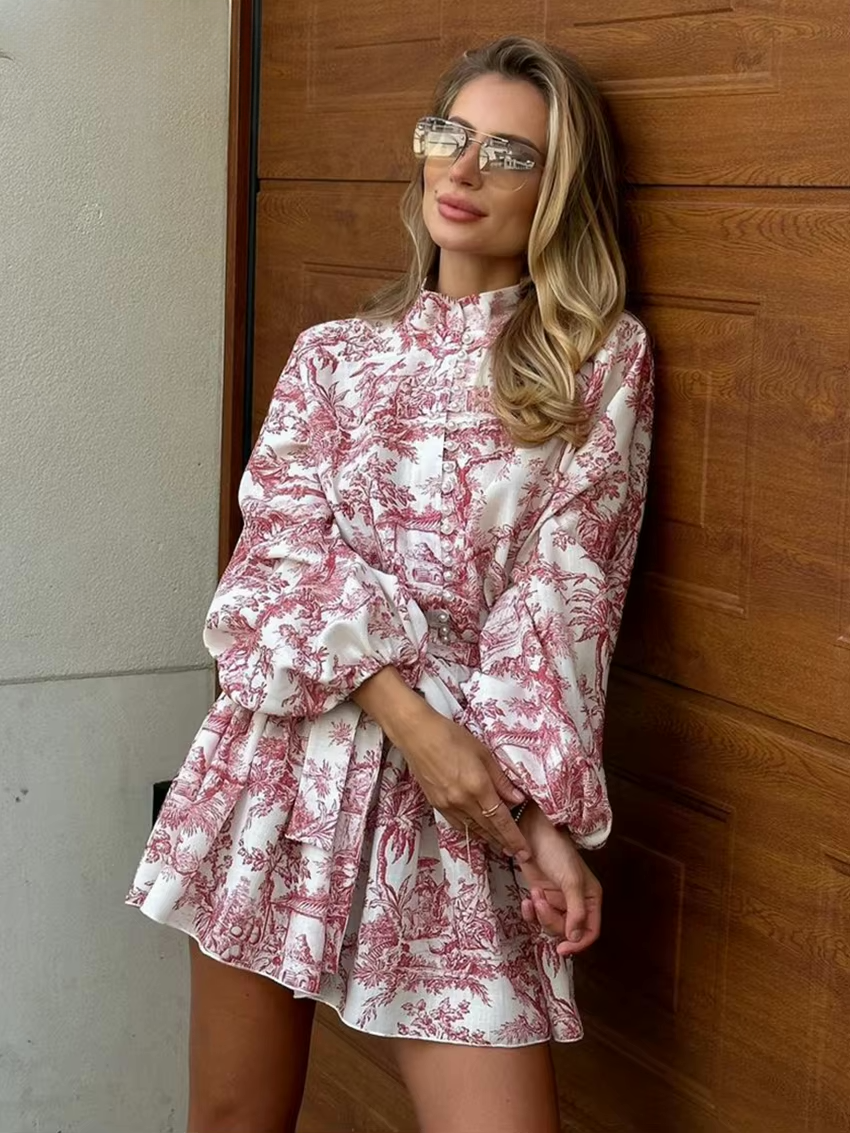 Women's Toile Print Mini Dress – A-Line Belted Balloon Sleeve Dress
