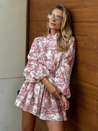 Women's Toile Print Mini Dress – A-Line Belted Balloon Sleeve Dress