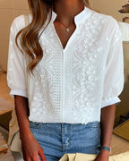 Women's Puff Sleeve V-Neck Blouse – Relaxed Long Sleeve Blouse