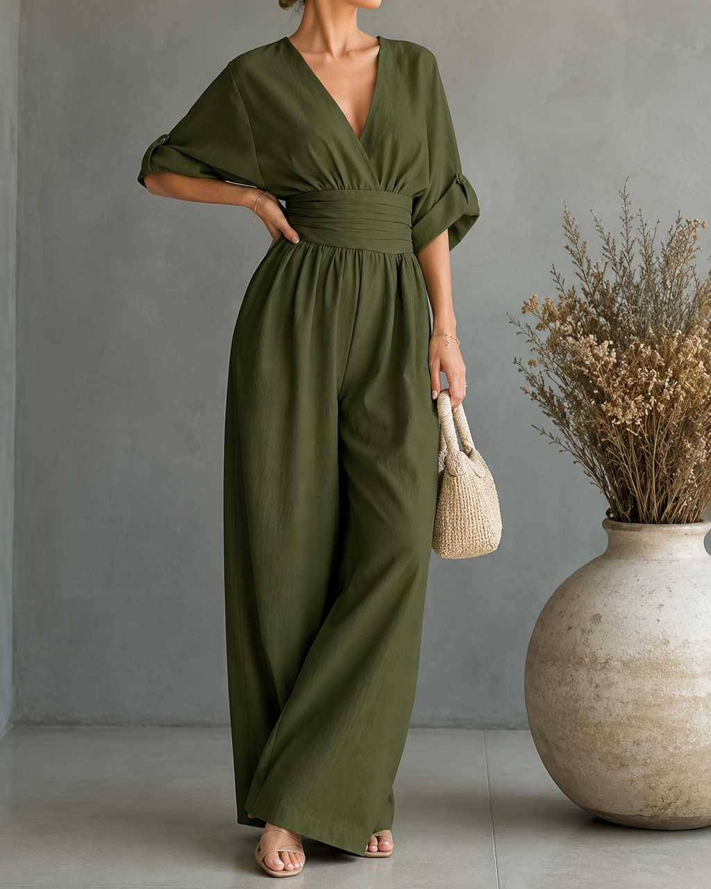 Women's V-Neck Wrap Wide Leg Jumpsuit – Cinched Waist Formal Occasion Jumpsuit