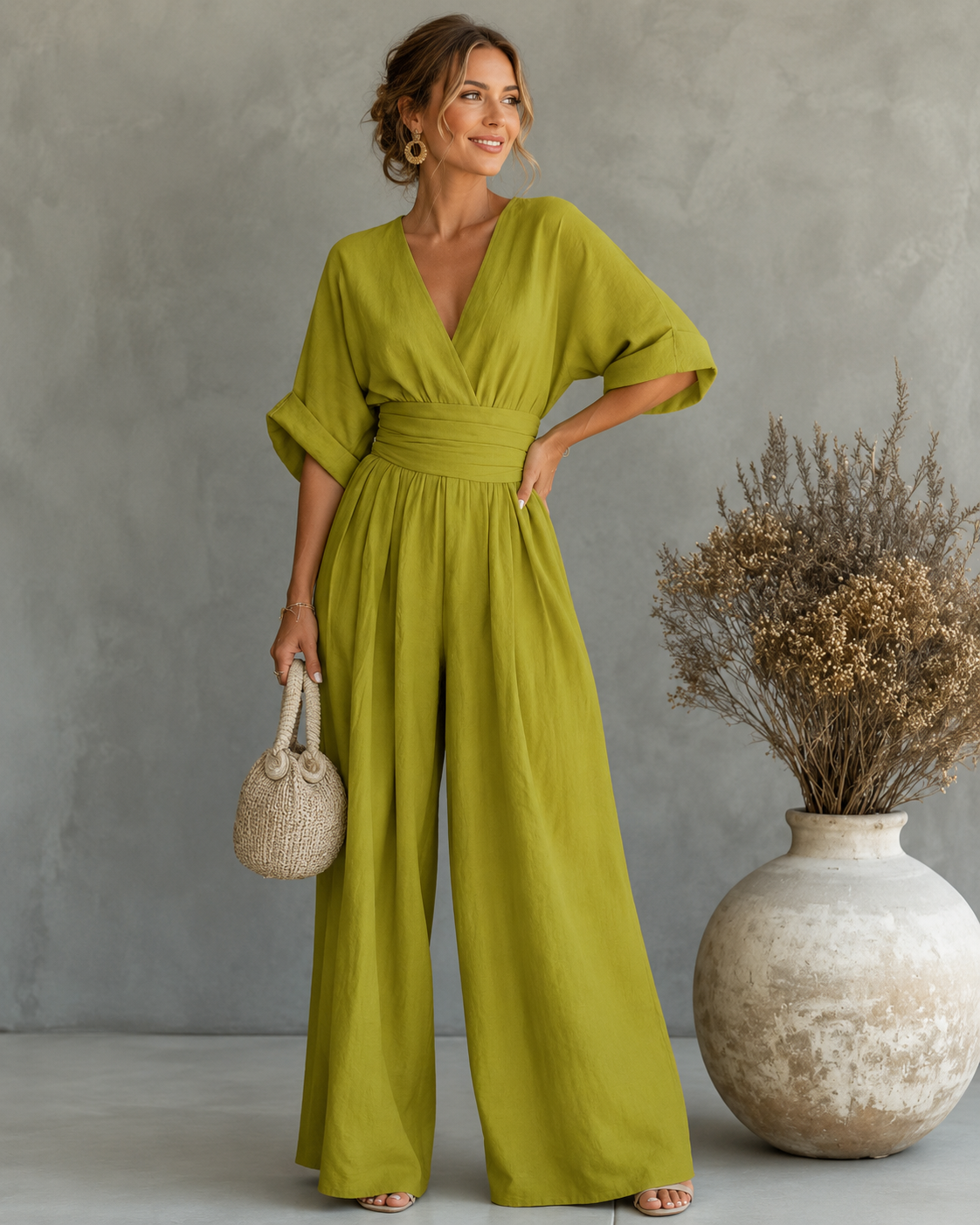 Women's V-Neck Wrap Wide Leg Jumpsuit – Cinched Waist Formal Occasion Jumpsuit