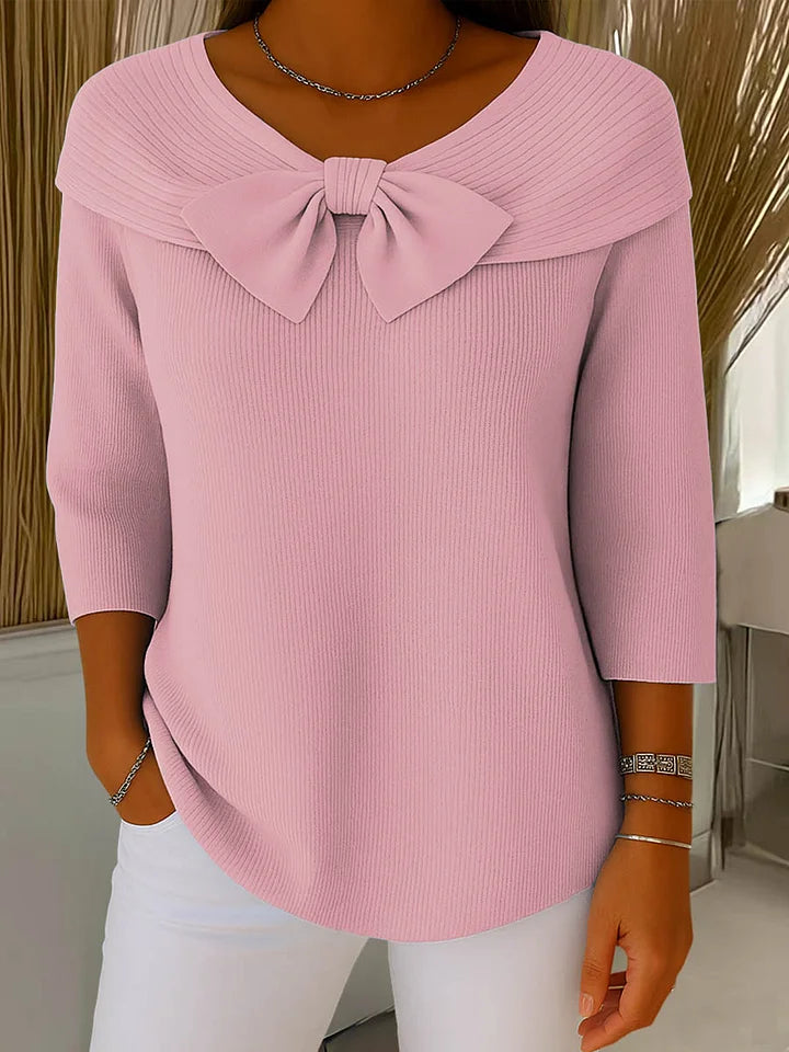Women's Bow Detail Knit Top – Fitted Long Sleeve Dressy Top