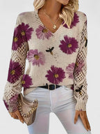 Women's Floral Button Cardigan – V-Neck Flower Pattern Knit Cardigan