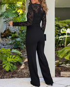 Women's Long Sleeve Lace Jumpsuit – V-Neck Evening Occasion Jumpsuit