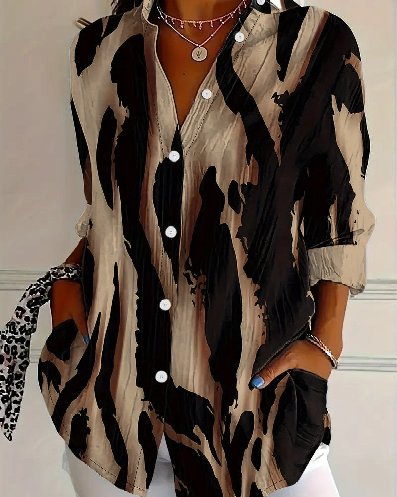 Women's Printed Stand Collar Blouse – Asymmetrical Long Sleeve Blouse