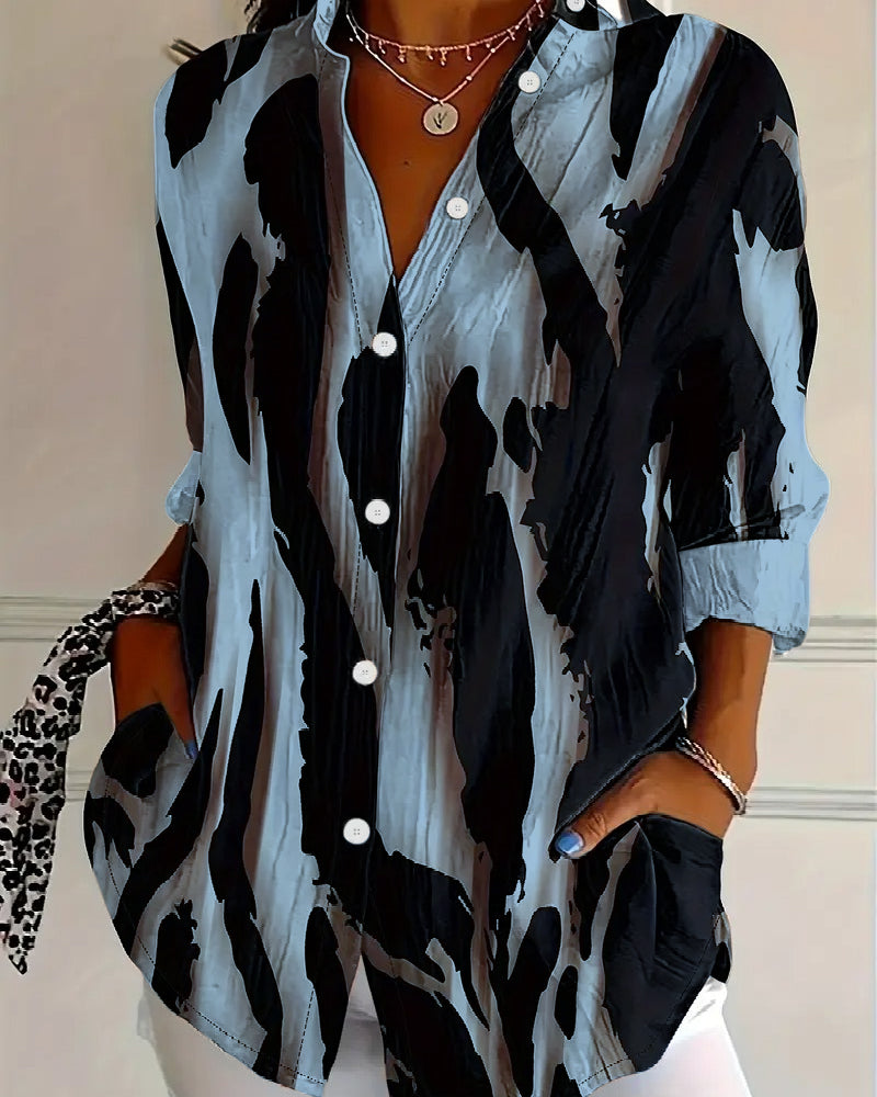 Women's Printed Stand Collar Blouse – Asymmetrical Long Sleeve Blouse
