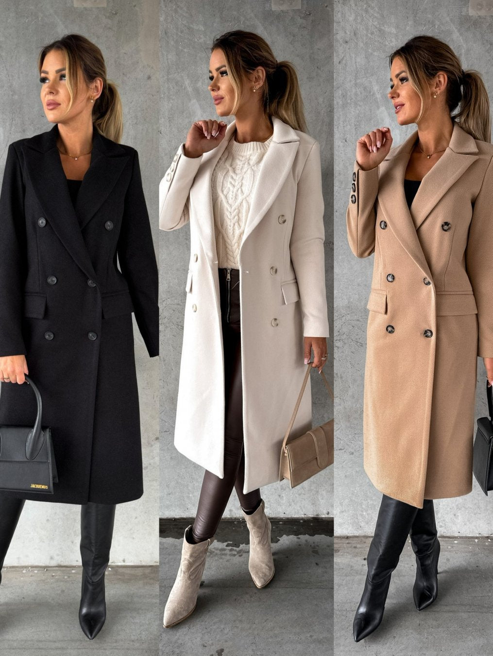 Women's Double-Breasted Winter Coat – Tailored Long Sleeve Overcoat