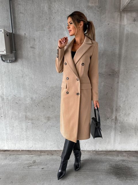 Women's Double-Breasted Winter Coat – Tailored Long Sleeve Overcoat