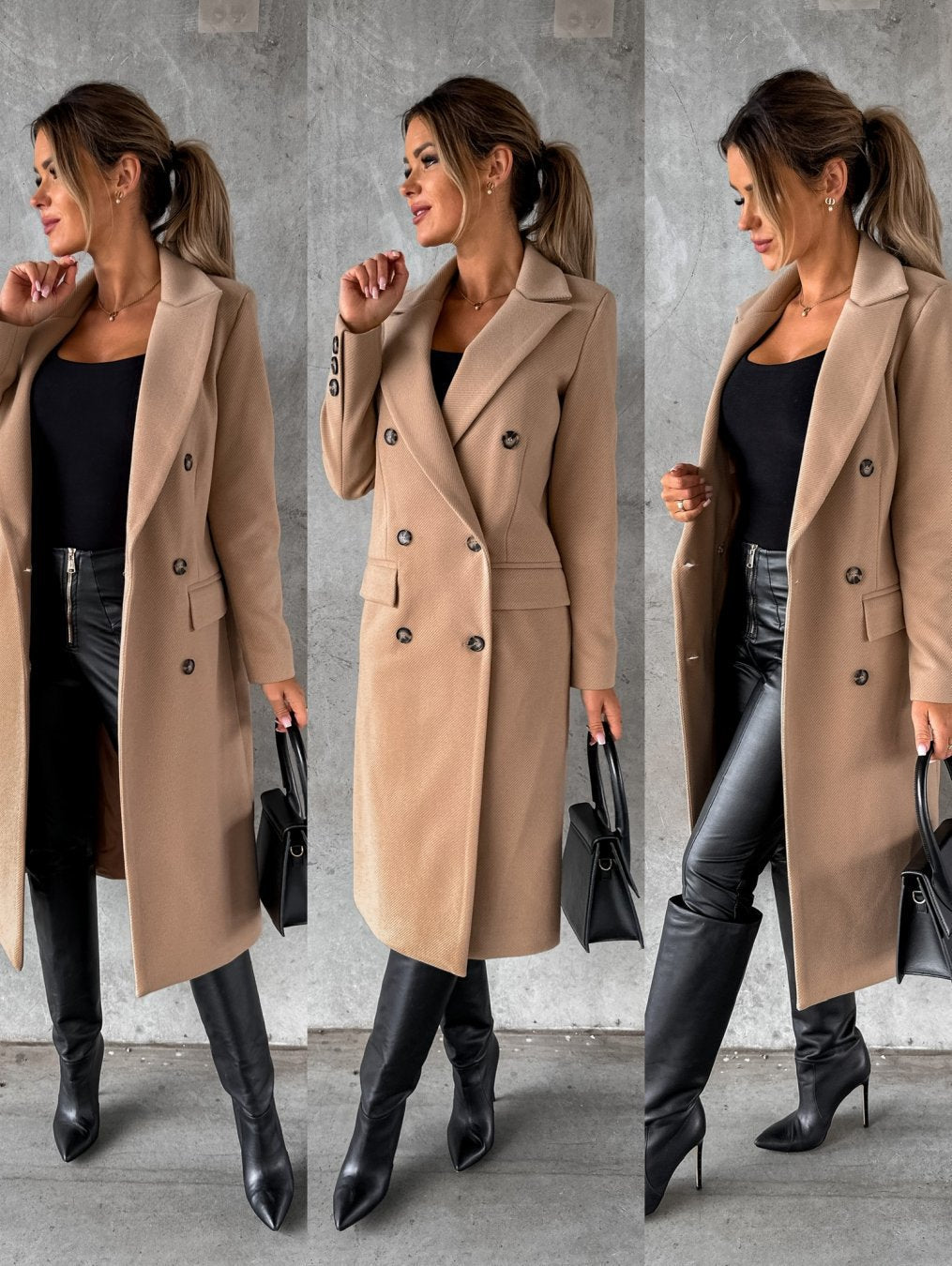 Women's Double-Breasted Winter Coat – Tailored Long Sleeve Overcoat