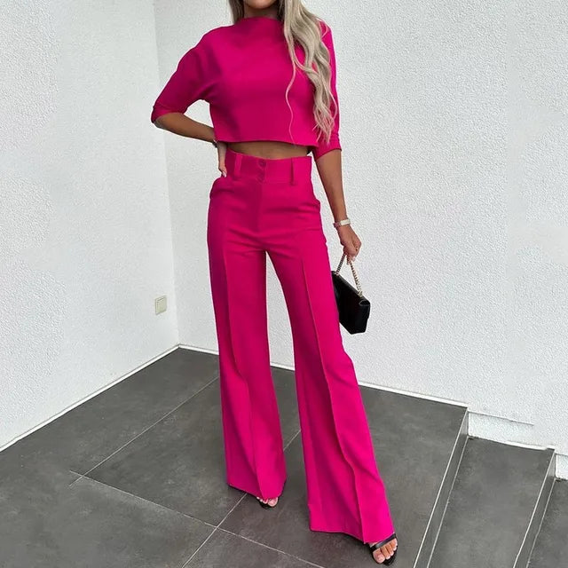 Women's Coordinated Pants Set – Relaxed Top & Matching Wide Leg Pants