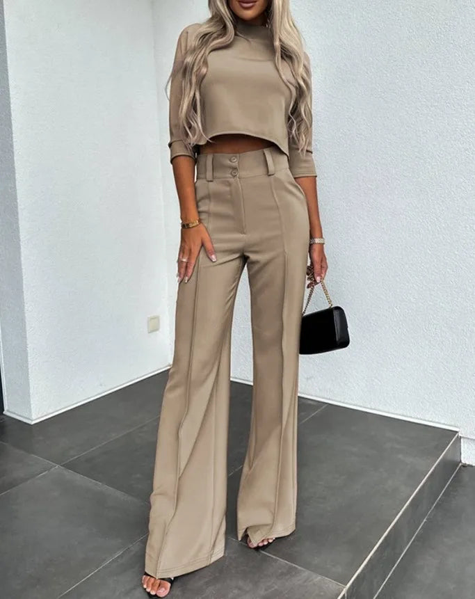 Women's Coordinated Pants Set – Relaxed Top & Matching Wide Leg Pants