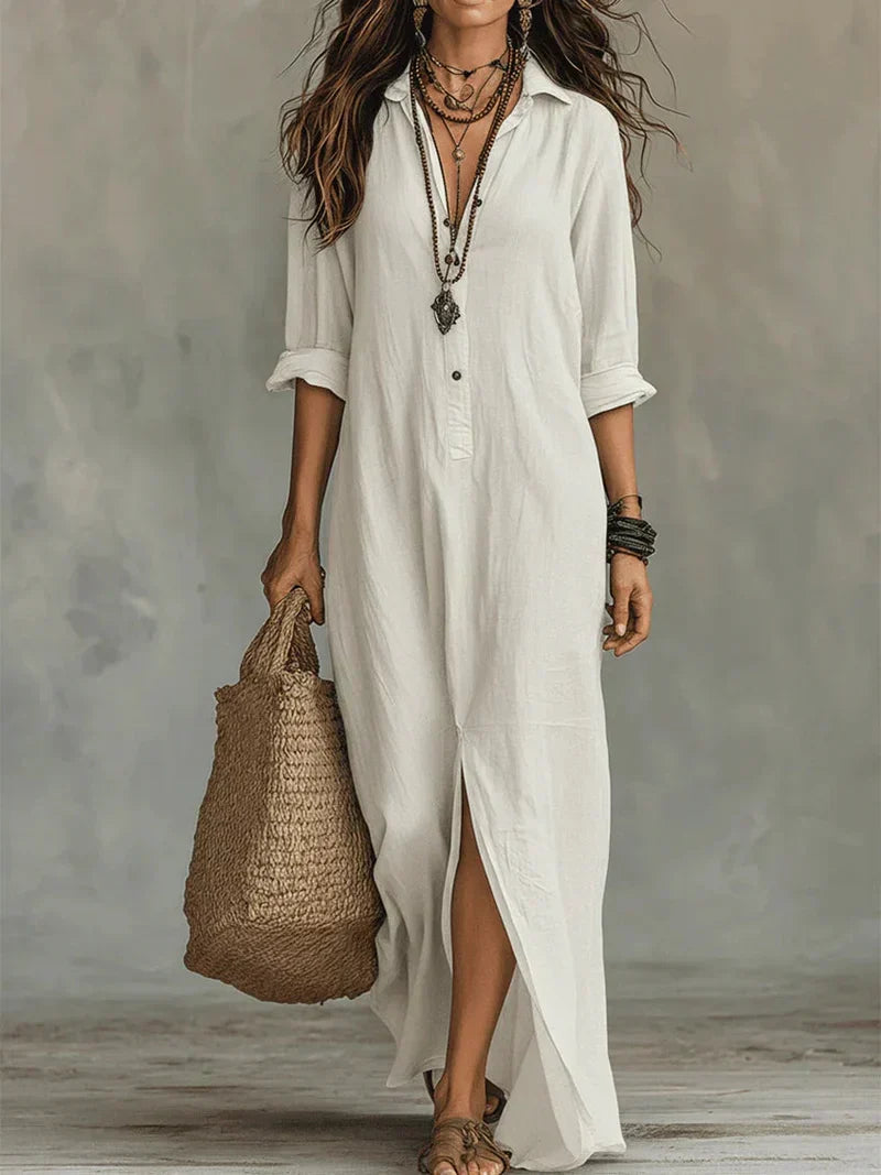 Women's Button Front Maxi Dress – Collared Flowy Long Dress