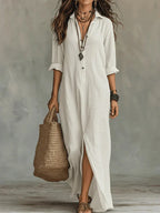 Women's Button Front Maxi Dress – Collared Flowy Long Dress