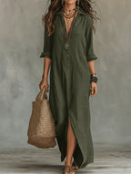 Women's Button Front Maxi Dress – Collared Flowy Long Dress