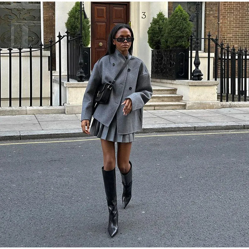 Women's Double-Breasted Winter Coat – Stand Collar Relaxed Coat