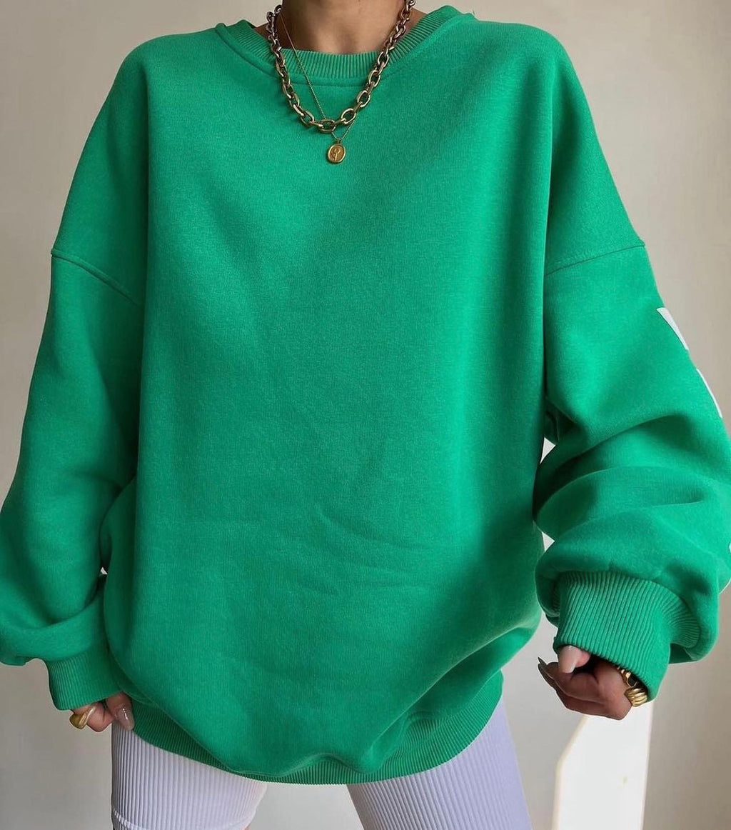Women's Graphic Sleeve Sweater – Relaxed Crew Neck Pullover Sweater