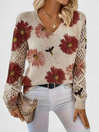 Women's Floral Button Cardigan – V-Neck Flower Pattern Knit Cardigan