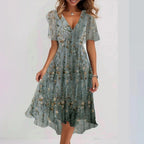 Women's Floral Midi Dress – V-Neck Summer Dress – Kaitlyn