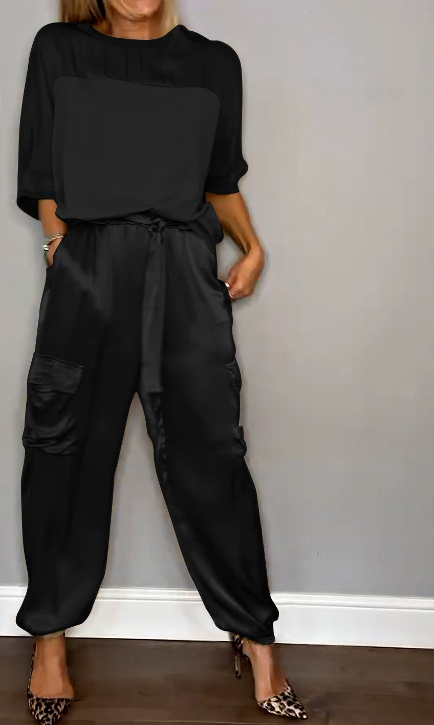 Women's High Waist Cargo Set – Shiny Pocket Pants and Relaxed Top Set