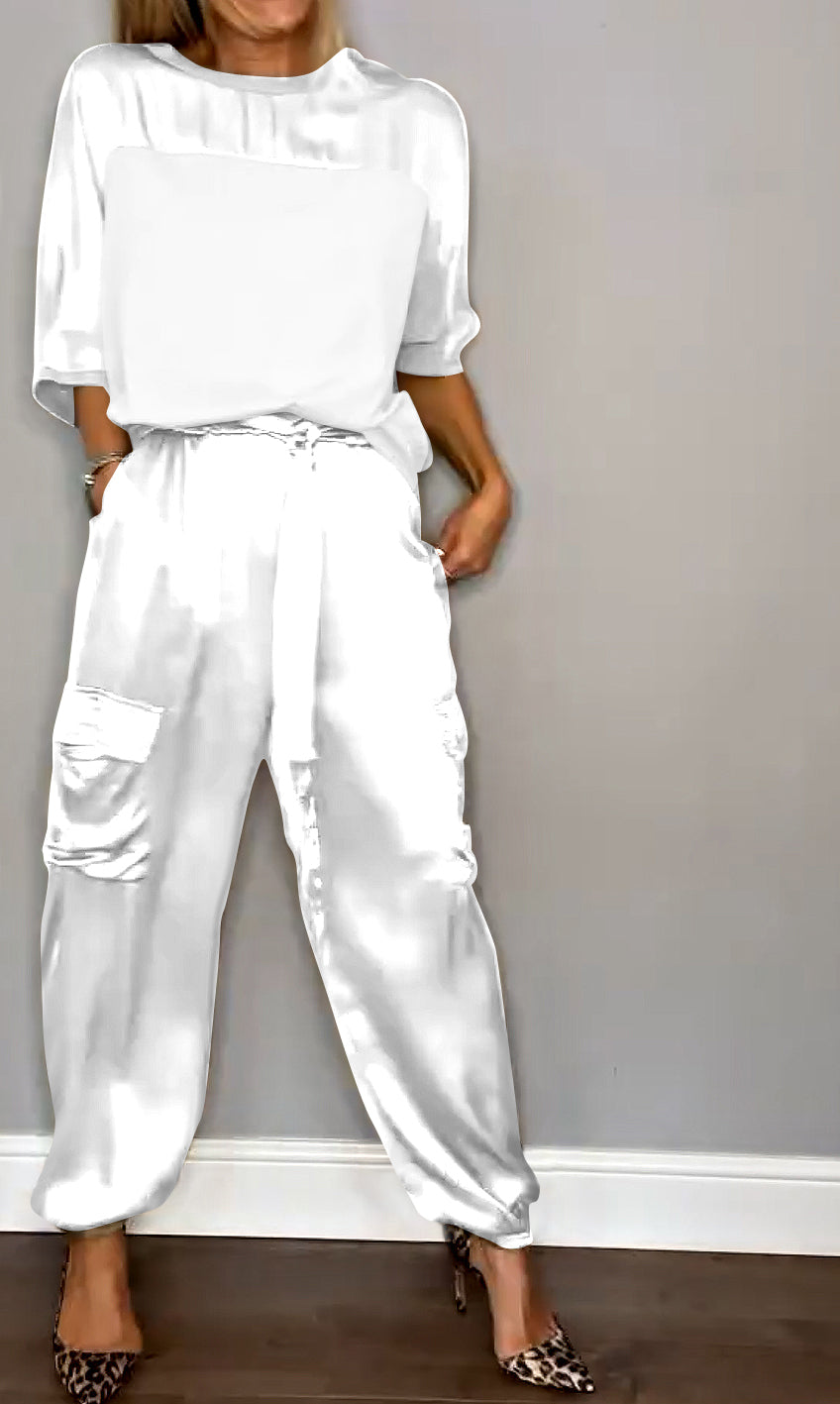 Women's High Waist Cargo Set – Shiny Pocket Pants and Relaxed Top Set