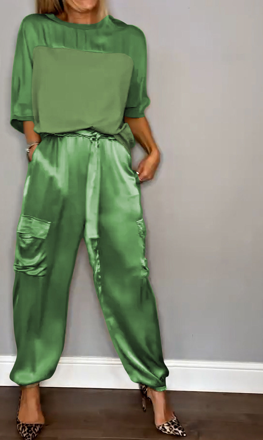Women's High Waist Cargo Set – Shiny Pocket Pants and Relaxed Top Set