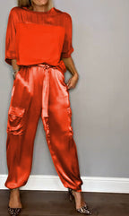 Women's High Waist Cargo Set – Shiny Pocket Pants and Relaxed Top Set