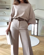 Women's Dressy Pants Set – Relaxed Top & Tailored Wide Leg Pants Set