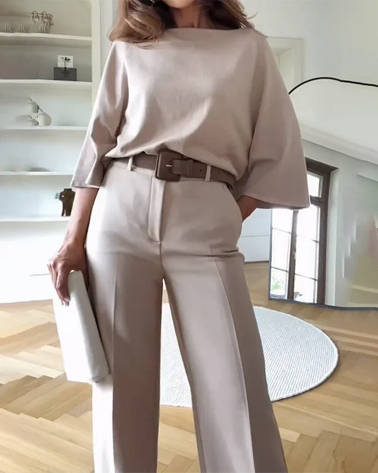 Women's Dressy Pants Set – Relaxed Top & Tailored Wide Leg Pants Set