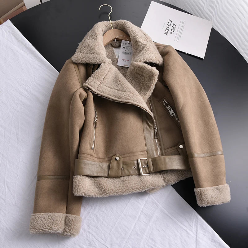Women's Faux Shearling Jacket – Cropped Winter Aviator Jacket