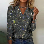 Women's Sparkle V-Neck Sweater – Sequin Detail Long Sleeve Knit Pullover