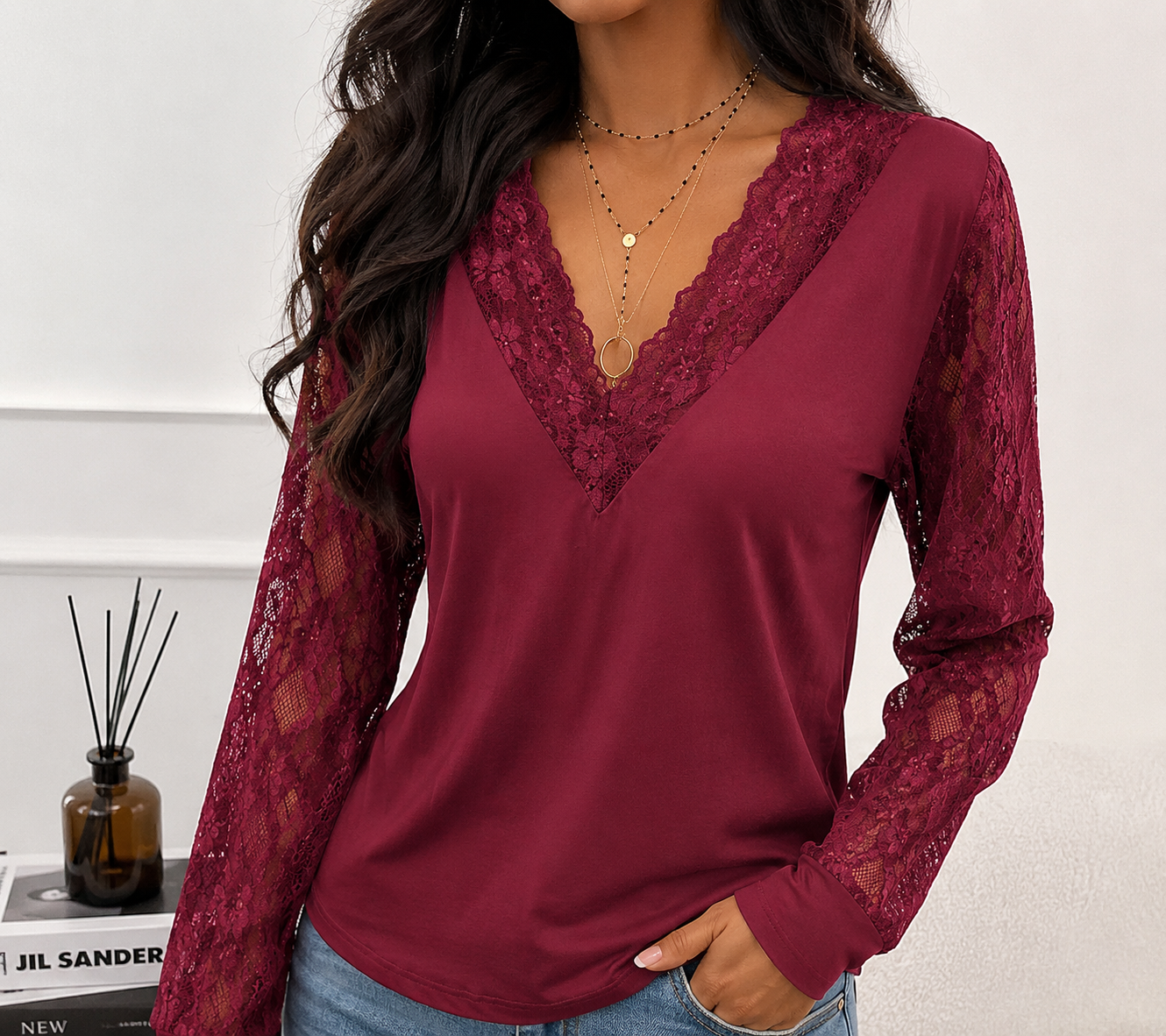Women's V-Neck Lace Blouse – Romantic Lace Sleeve Blouse