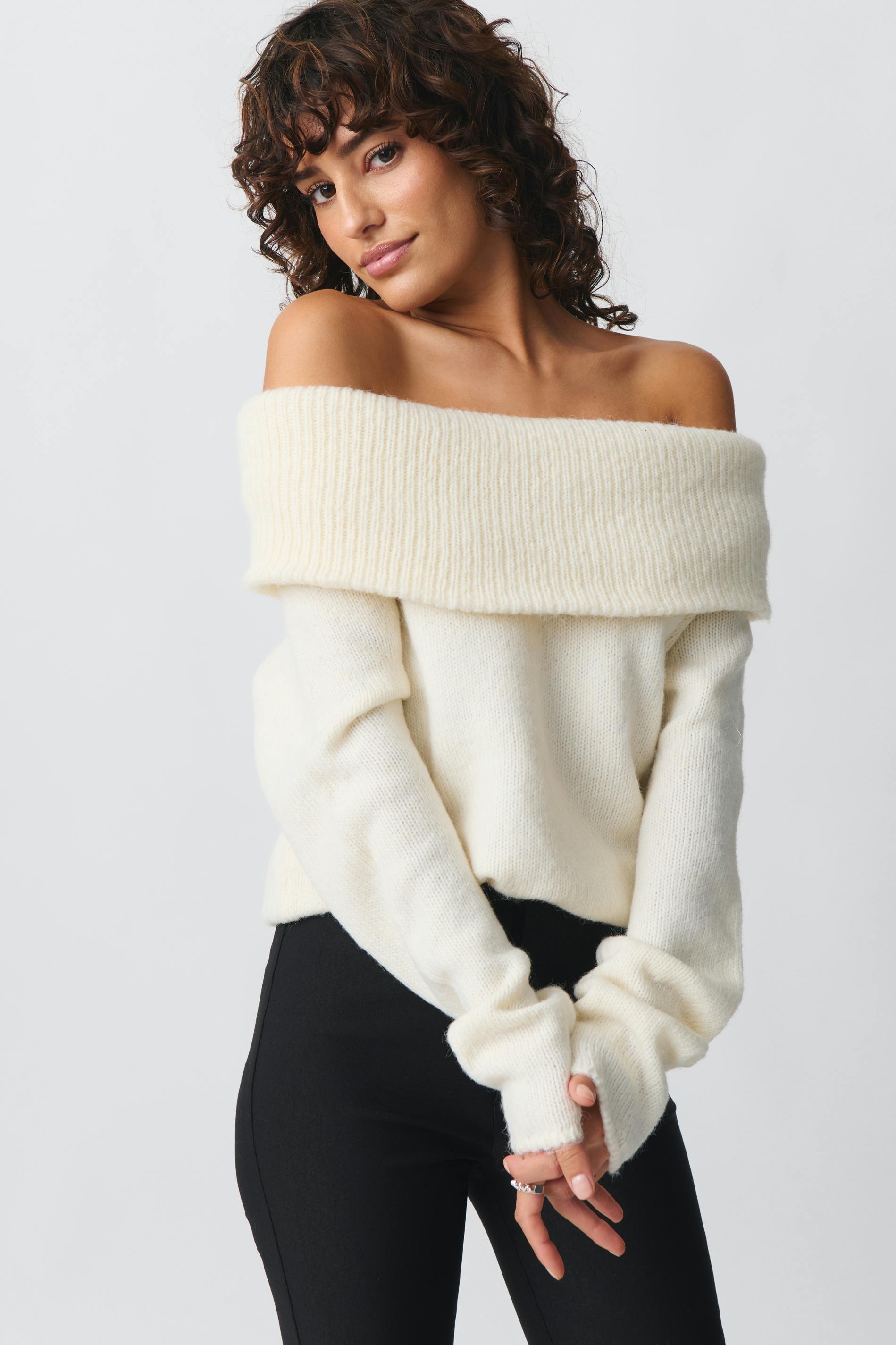 Women's Off-Shoulder Sweater – Wide Neck Long Sleeve Ribbed Sweater
