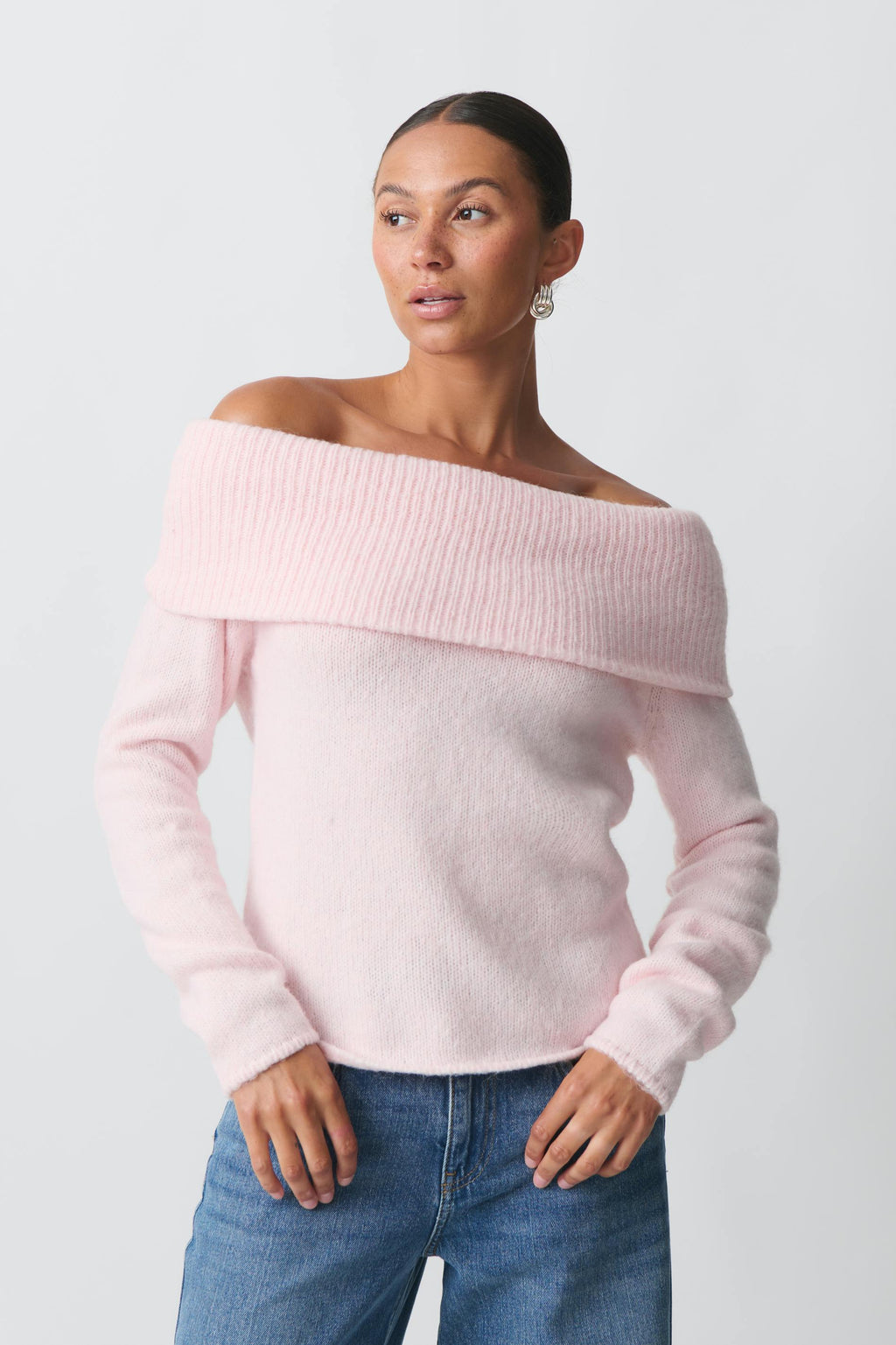 Women's Off-Shoulder Sweater – Wide Neck Long Sleeve Ribbed Sweater