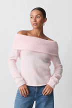 Women's Off-Shoulder Sweater – Wide Neck Long Sleeve Ribbed Sweater