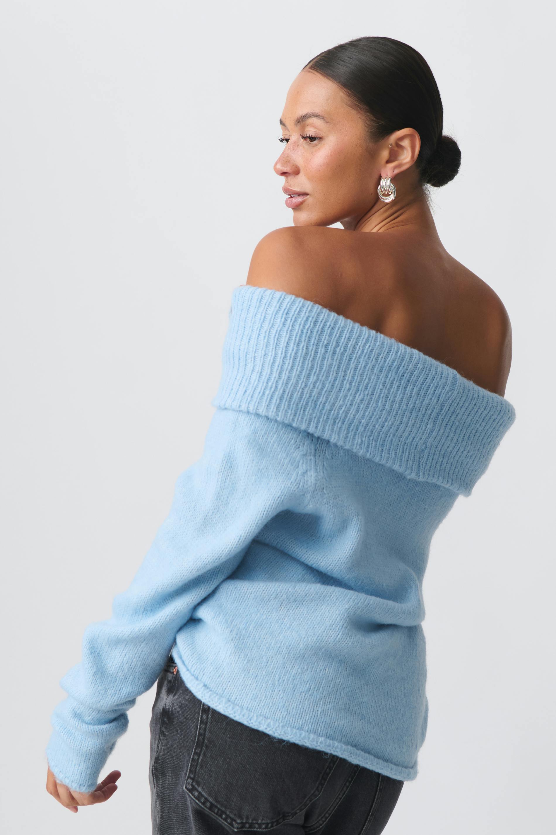 Women's Off-Shoulder Sweater – Wide Neck Long Sleeve Ribbed Sweater