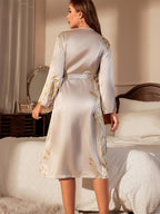 Women's Belted V-Neck Robe Dress – Long Sleeve Printed Wrap Dress