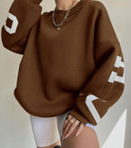 Women's Graphic Sleeve Sweater – Relaxed Crew Neck Pullover Sweater