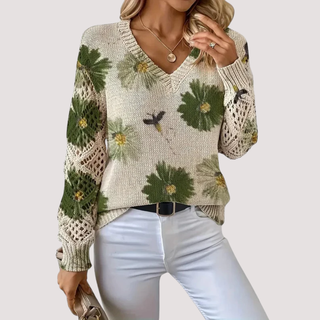 Women's Floral V-Neck Sweater – Flower Pattern Lightweight Knit Pullover