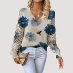 Women's Floral V-Neck Sweater – Flower Pattern Lightweight Knit Pullover