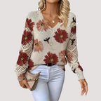 Women's Floral V-Neck Sweater – Flower Pattern Lightweight Knit Pullover