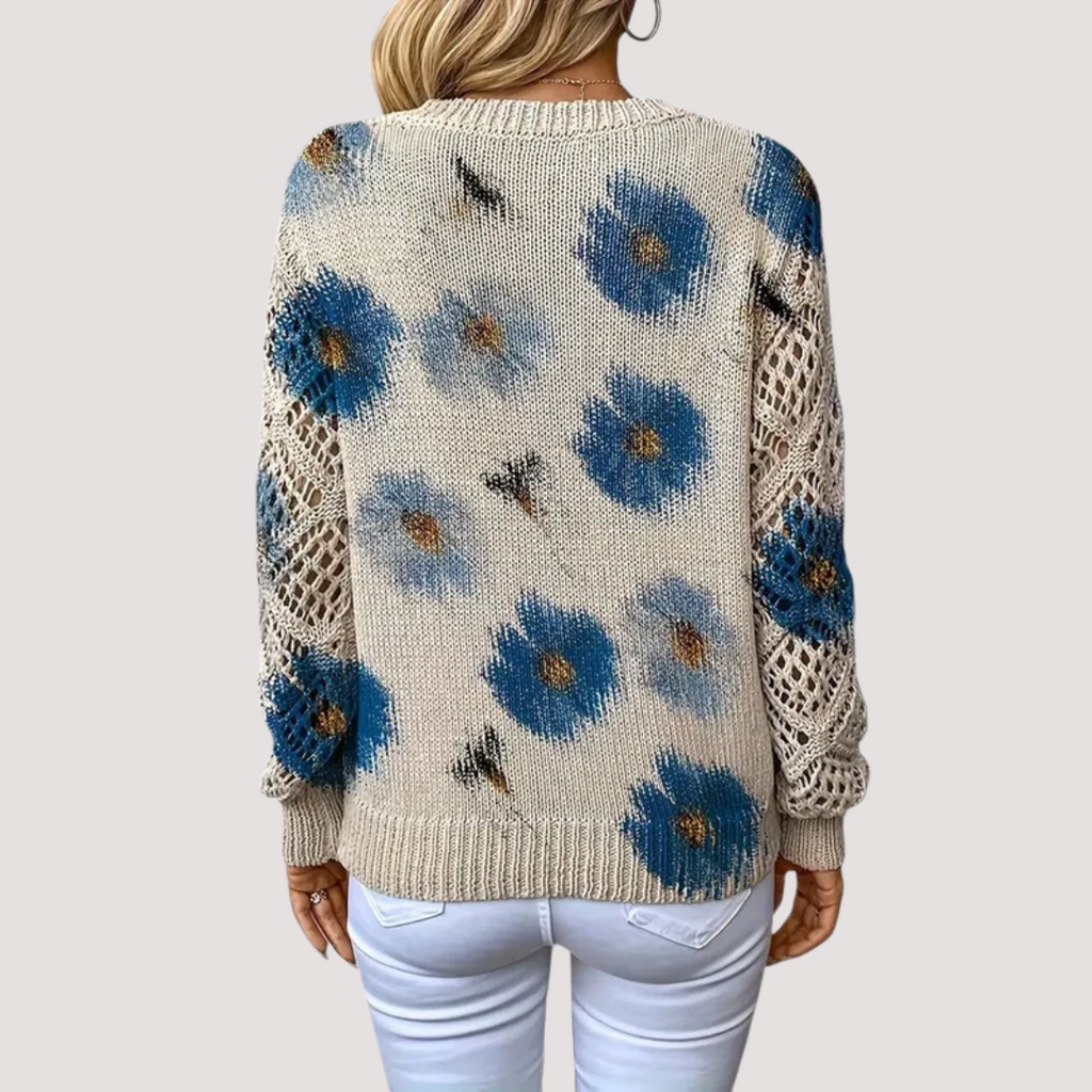 Women's Floral V-Neck Sweater – Flower Pattern Lightweight Knit Pullover