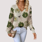 Women's Floral V-Neck Sweater – Flower Pattern Lightweight Knit Pullover