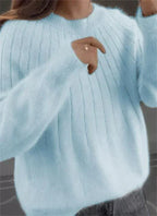 Women's Fluffy Knit Sweater – Relaxed Crew Neck Long Sleeve Pullover