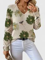 Women's Floral Button Cardigan – V-Neck Flower Pattern Knit Cardigan