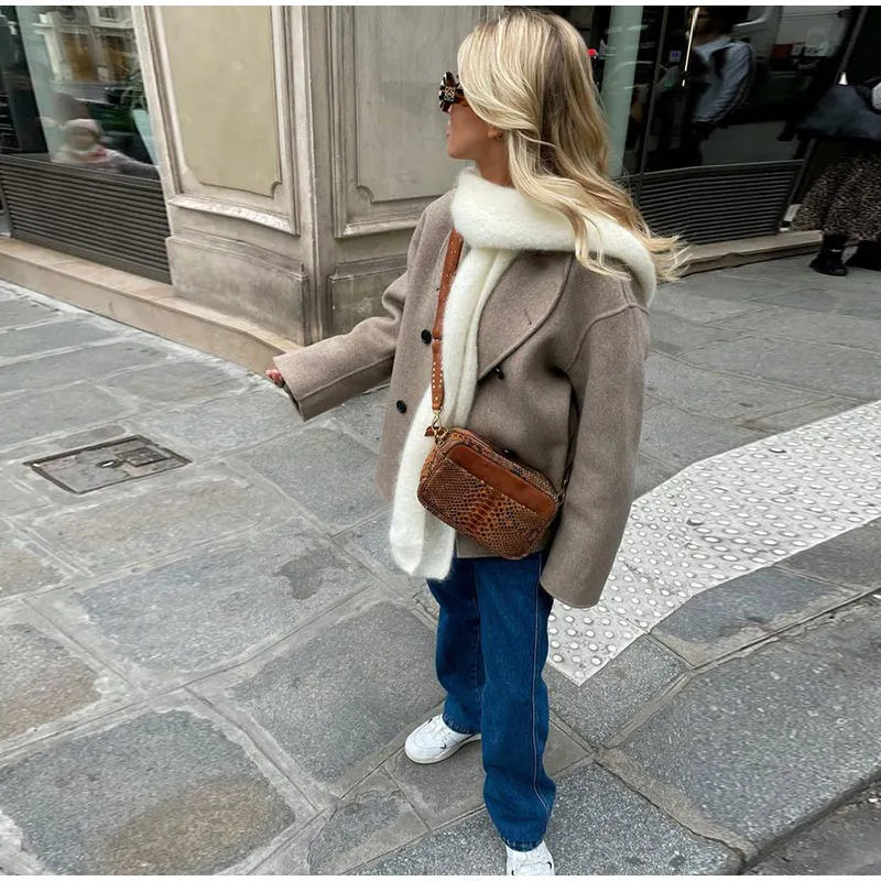 Women's Double-Breasted Winter Coat – Stand Collar Relaxed Coat