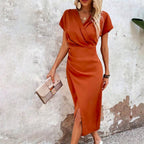 Women's V-Neck Wrap Midi Dress – Side Cutout Cocktail Occasion Dress