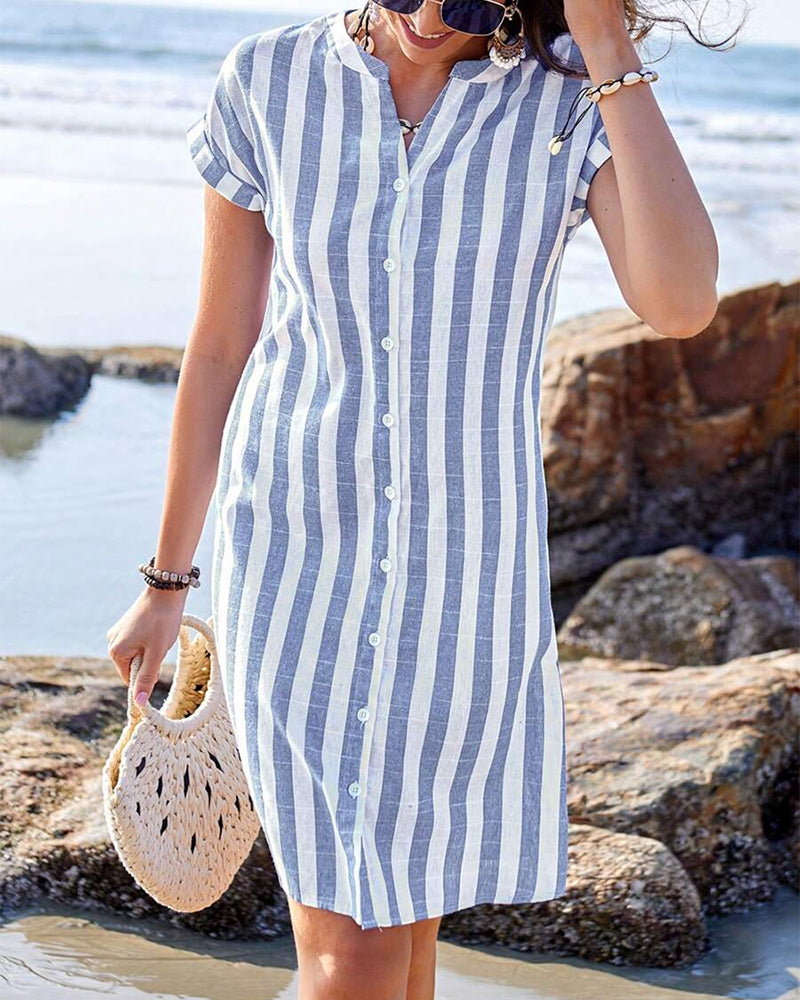 Women's Button-Up Shirt Dress – Striped Midi Dress